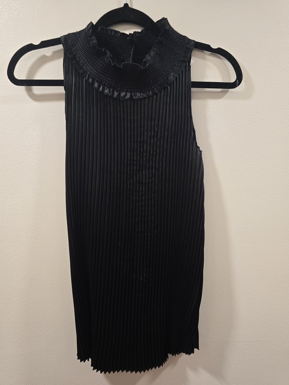 Black Pleated Sleeveless Mock Neck Top